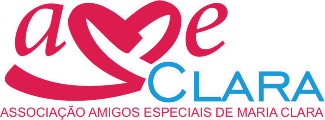 Logo da AME Clara: a palavra ame desenhada em forma de coração, ao lado de Clara em azul